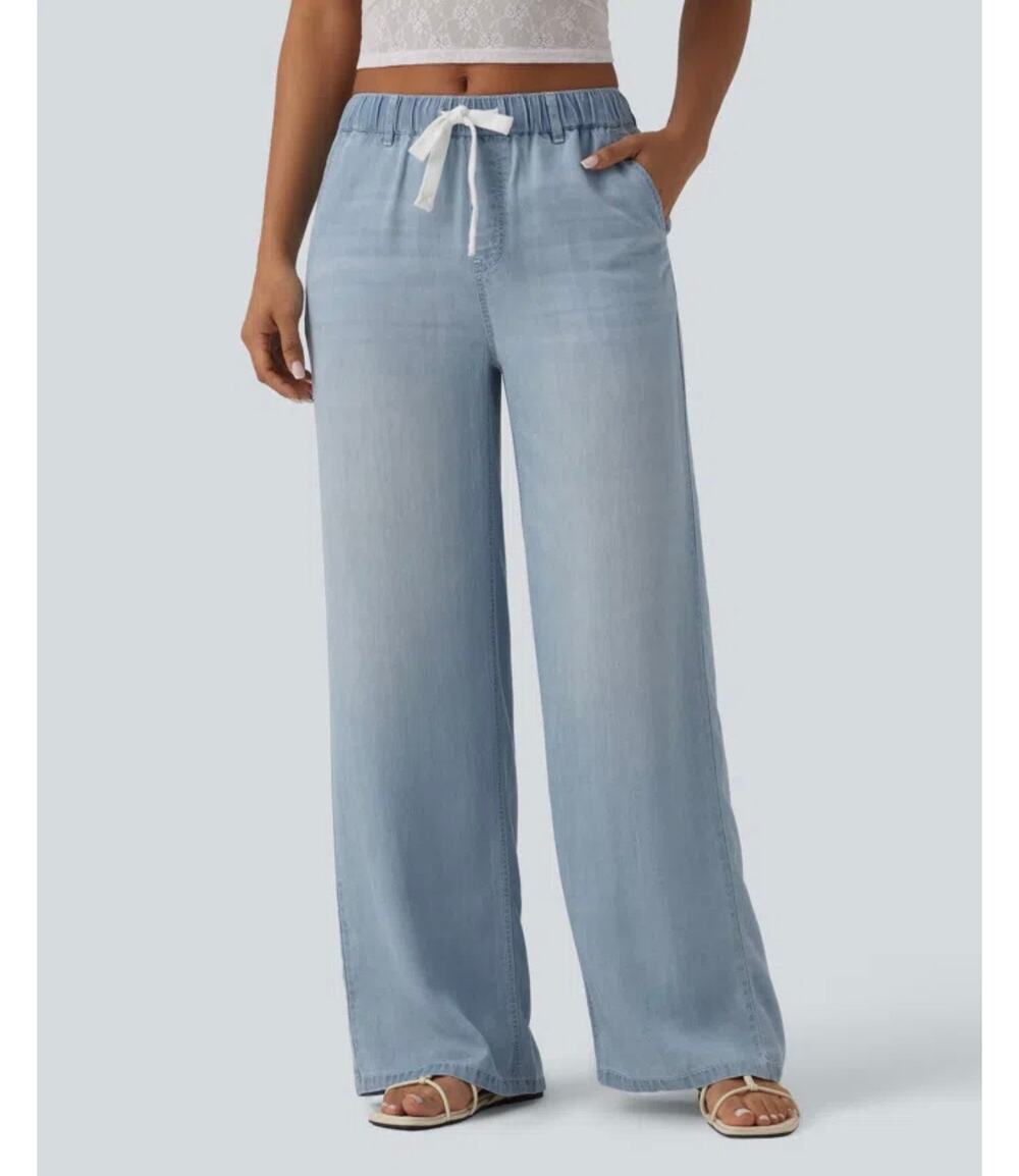 Halara Women's Light Blue Lightweight Mid Rise Drawstring Wide Leg Jeans Size LT